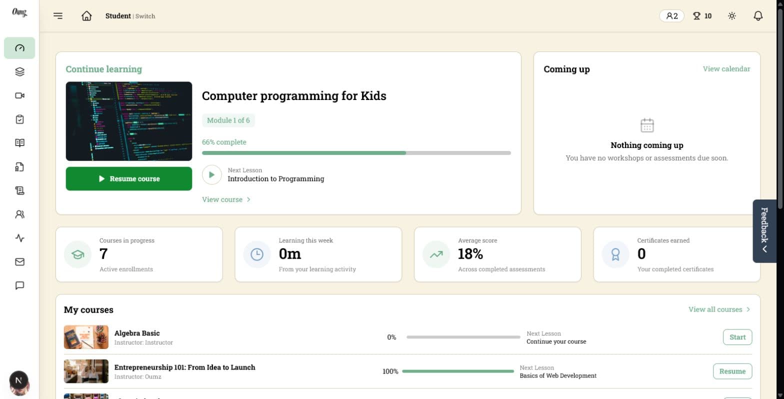 Student learning dashboard with progress and next lesson