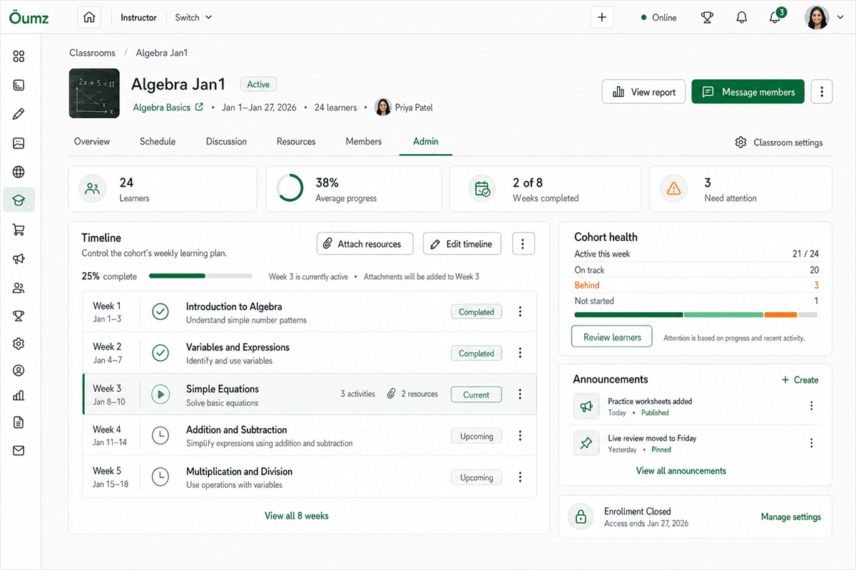 AcademyLauncher cohort timeline, resources and learner health